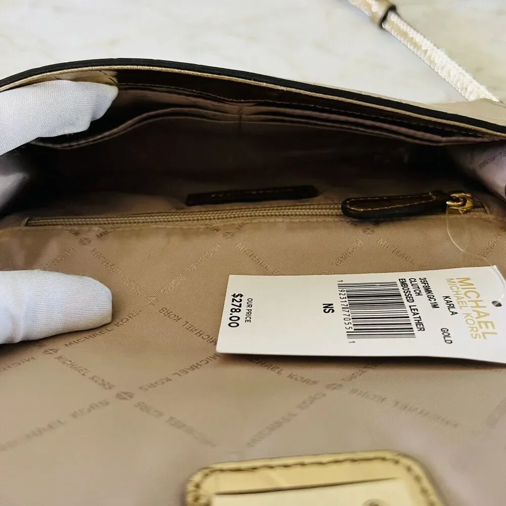 MICHAEL KORS Karla Gold Embossed Leather Clutch Chain Crossbody Bag